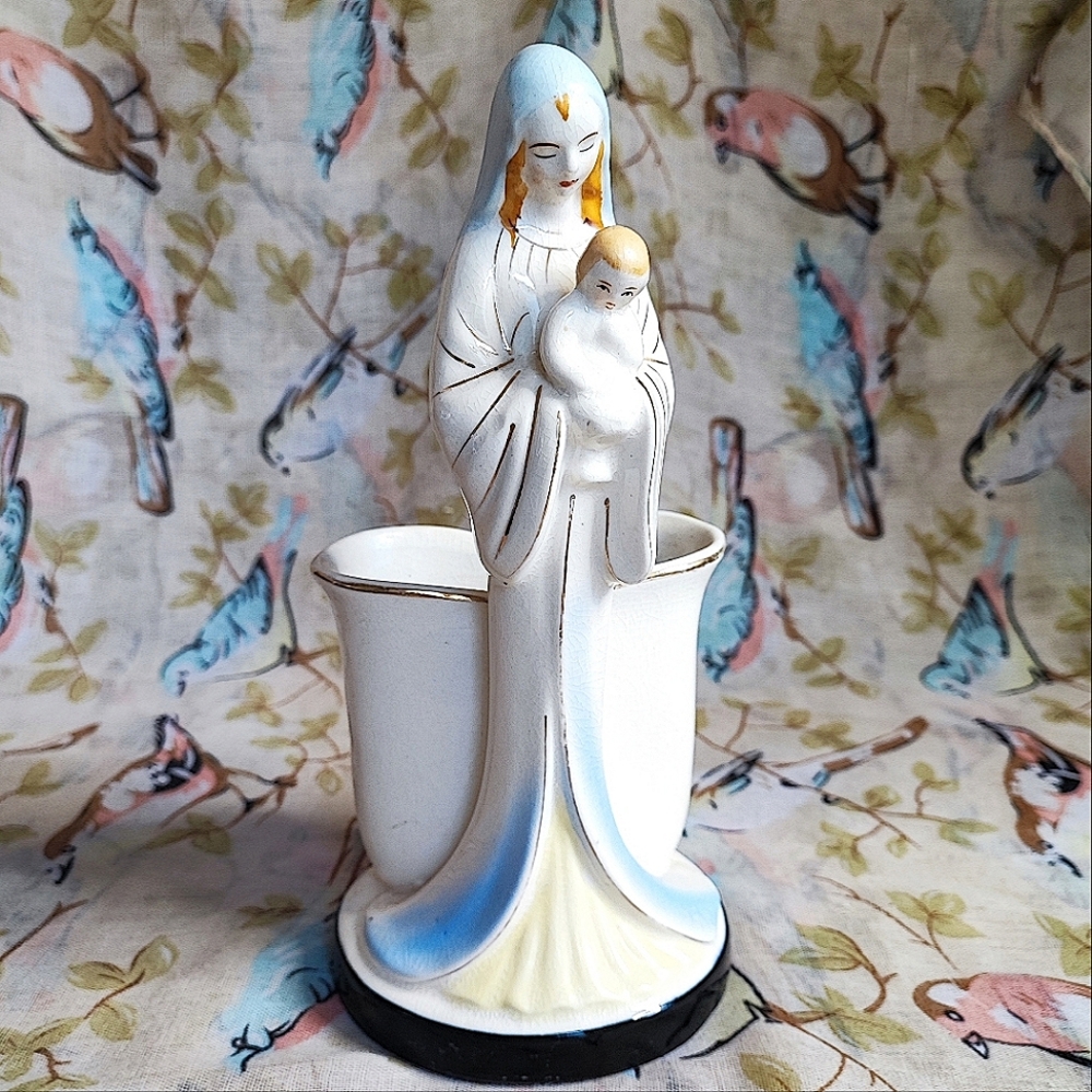 Vintage Virgin Mary Baby Jesus Religious Ceramic Planter Rose Vase Crazing Wear
